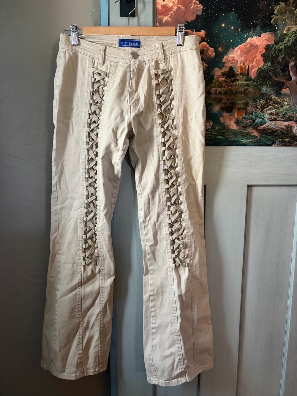 Cream Lace-Panel Boot Cut Jeans